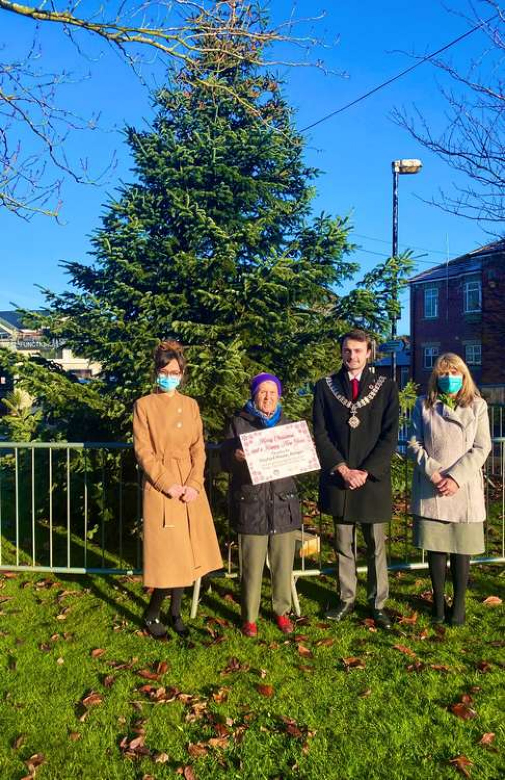 Left to right: Laura Lockett (General Manager at Twyford House Care Home), Pearl Maries  (Resident at Twyford House), Michael Unett (Chair of Alsager Town Council), and Dawn  Jones (Front of House Manager at Twyford House)