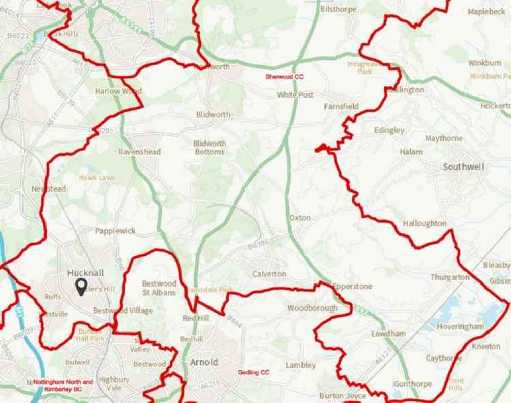 The original plans submitted by the Boundaries Commission in which all of Hucknall would remain in Sherwood.