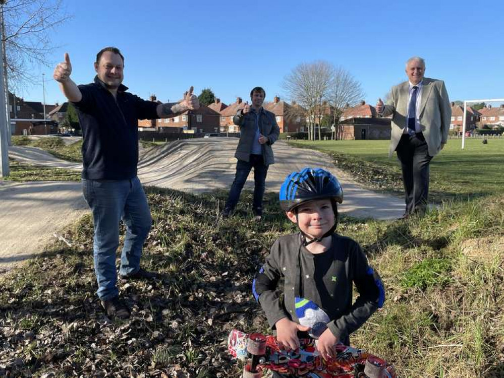 Councillors Jason Zadrozny, Lee Waters and David Shaw are shown around the skatepark at Nabbs Lane park in Hucknall by 6 year old Alexander Waters. Photo courtesy of Ashfield District Council.