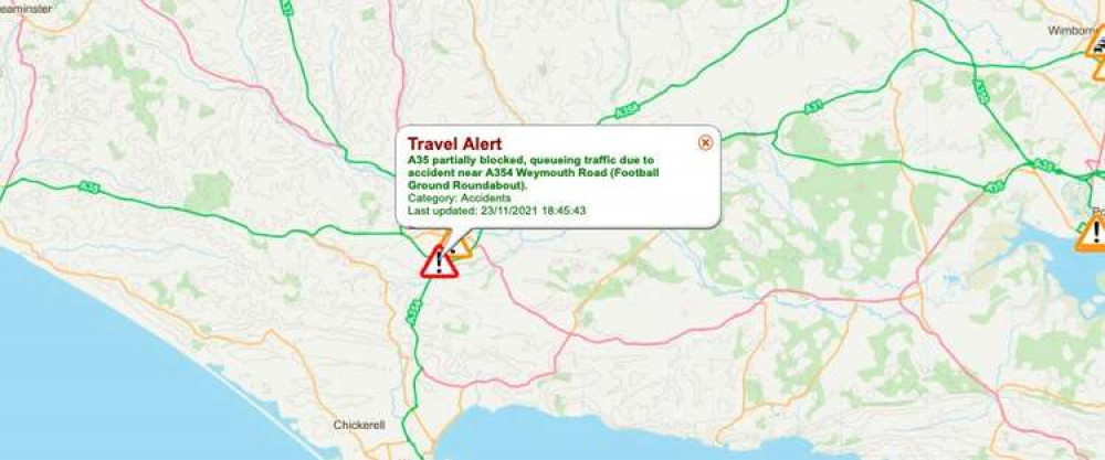 A35 partially blocked at Dorchester