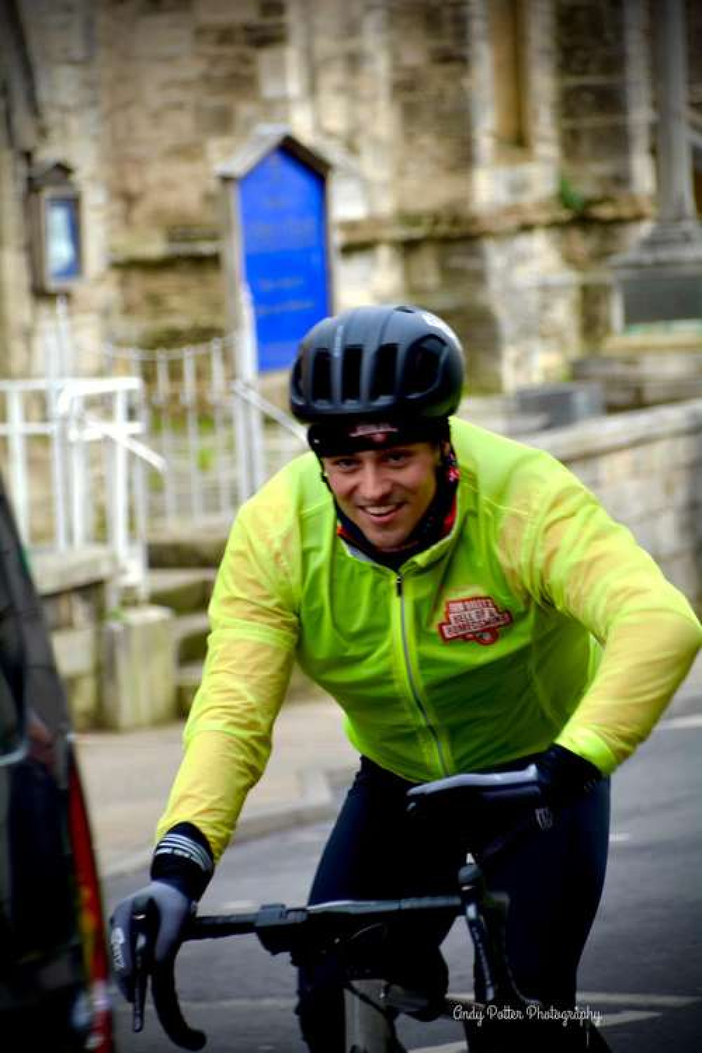 Tom Daley cycles through Dorchester (Image: Andy Potter Photography)