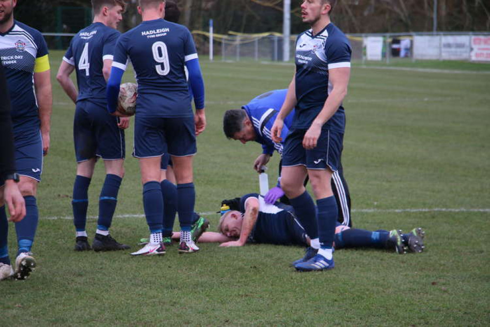 Hadleigh boss Steve Holder in pain after winning penalty (Picture credit: Ian Evans/Hadleigh Nub News)