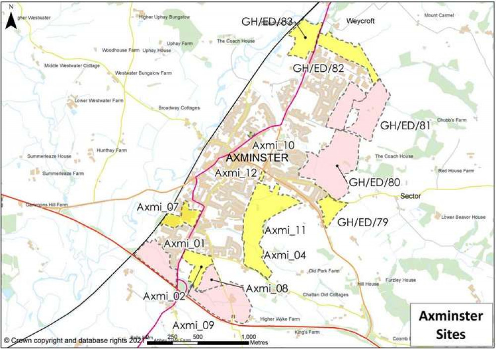 The potential develop sites in Axminster with those deemed most suitable in green (Axminster Hospital), followed by yellow and then pink areas The potential develop sites in Axminster with those deemed most suitable in green (Axminster Hospital), followed by yellow and then pink areas