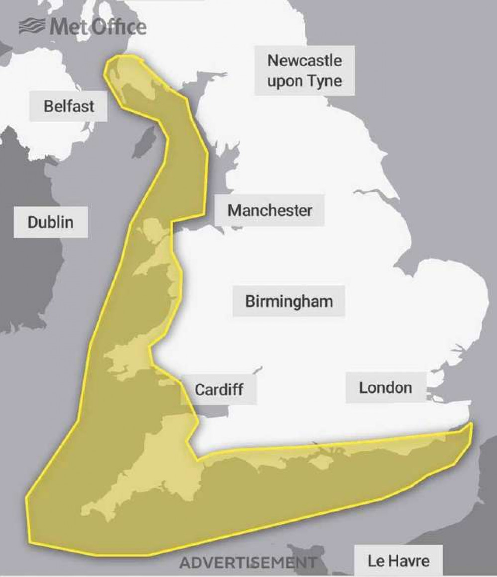 A yellow weather warning for wind is in place across much of the South West