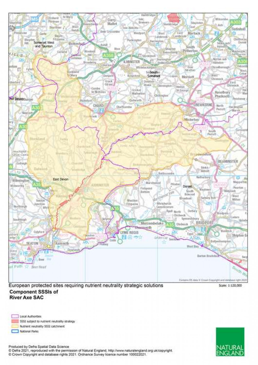 A map showing the Site of Special Scientific Interest around the River Axe catchment area highlighted in yellow