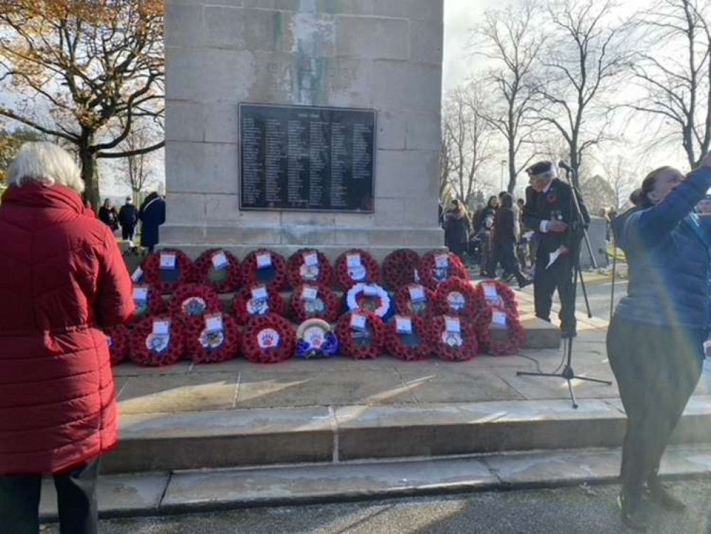 Several wreaths were laid at the foot of the cenotaph on Titchfield Park in Hucknall. Photo Credit: Lauren West