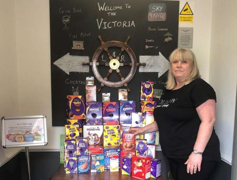 Lorna Hart with the Easter eggs donated by pub-goers (Photo: Victoria Inn)