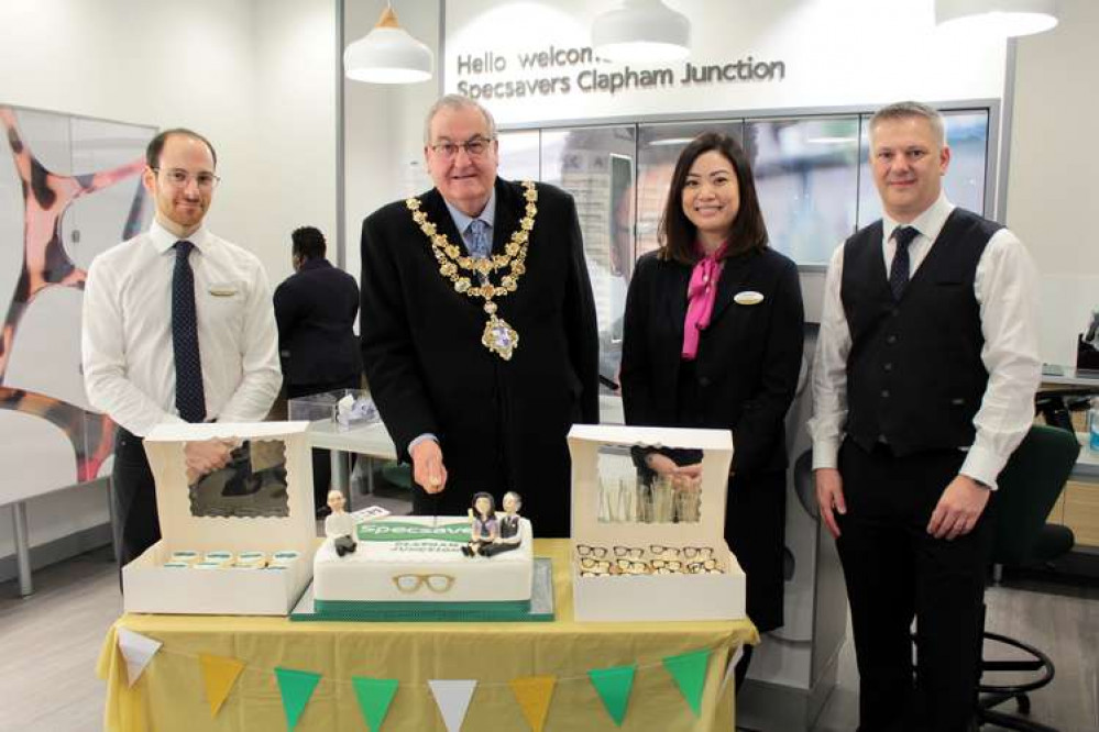 (Left to right) Specsavers Clapham Junction Ophthalmic Director, Yannick Dyant, Cllr. Richard Field, Mayor of Wandsworth, Retail Director, Millie Bryant and Dispensing Optician & Director, Neil Bryant.