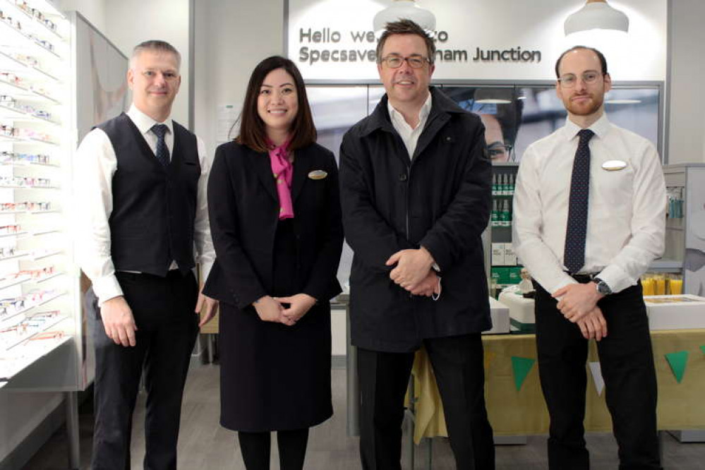 (Left to right) Specsavers Clapham Junction Dispensing Optician & Director, Neil Bryant,  Retail Director, Millie Bryant, Specsavers CEO, John Perkins and  Ophthalmic Director, Yannick Dyant.