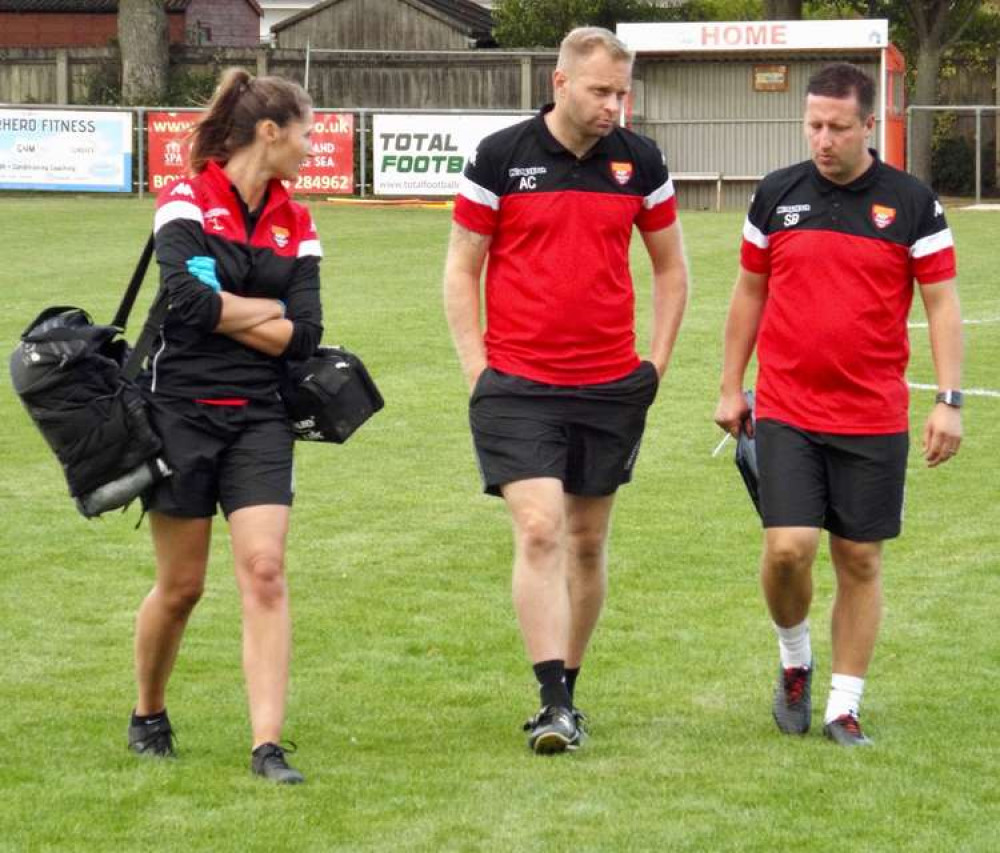 Seasiders manager Stuart Boardley (right) with Andy Crump and team physio