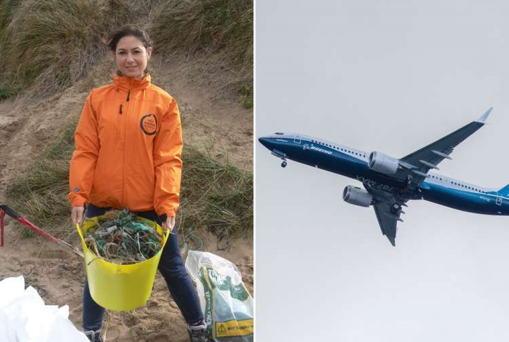 L: Joanna Toole collecting beach debris at Croyde, North Devon (Adrian Toole). R: An example of a Boeing 737 Max (By Jeff Hitchcock from Seattle, WA, USA - 737 Max 9, CC BY 2.0, https://commons.wikimedia.org/w/index.php?curid=58002316, changes made)