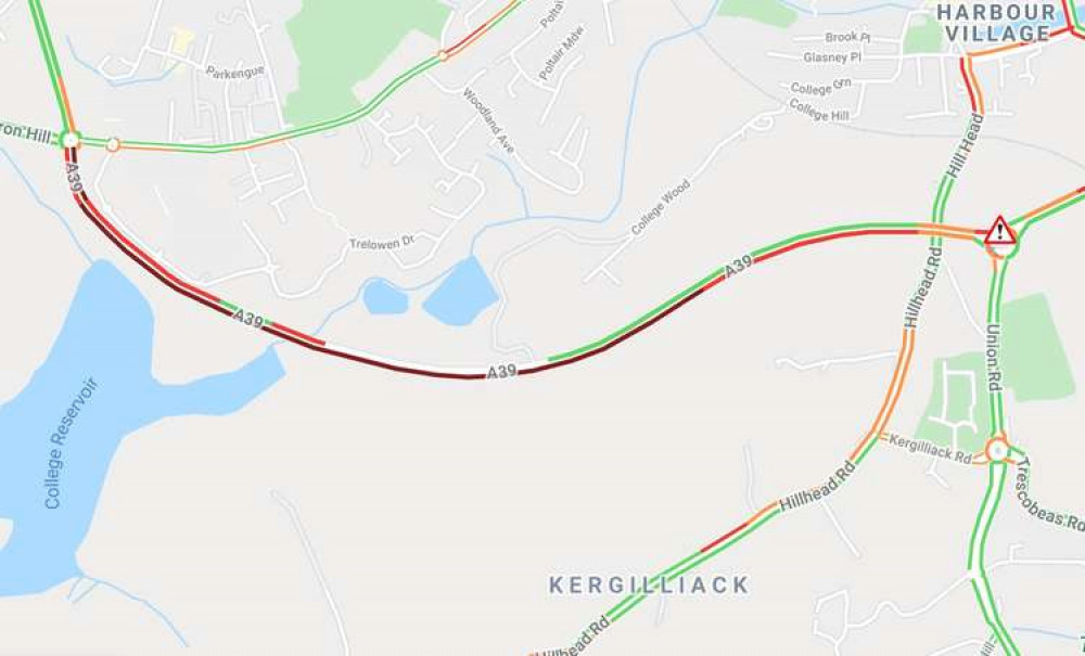 A traffic map showing the closure on the A39.