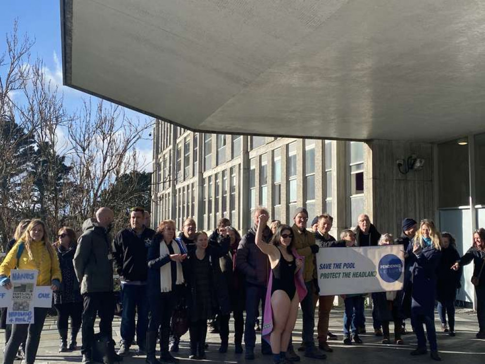 A group of leisure centre users, residents,, and councillors gather outside New County Hall ahead of the meeting.