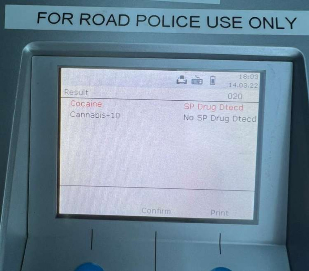 The photo of the drivers positive drugs test on the A39 Penryn. Credit: Devon and Cornwall Police - No Excuse. The photo of the drivers positive drugs test on the A39 Penryn. Credit: Devon and Cornwall Police - No Excuse.