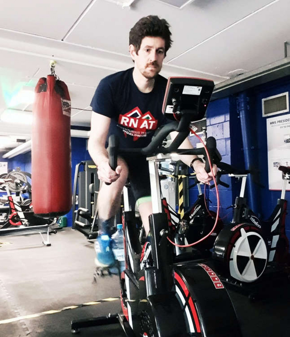 Cdr Pascal Patterson trains indoors. Credit: Royal Navy. Cdr Pascal Patterson trains indoors. Credit: Royal Navy.