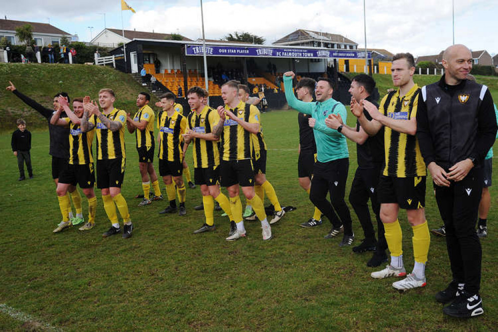 The players celebrate with the fans after another great result at Bickland. Taken by Colin Bradbury/Cornwall Sports Media.