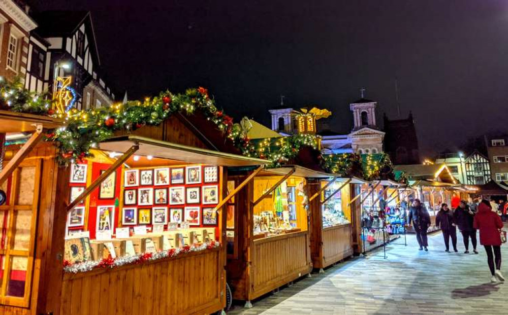 Stalls at Kingston Christmas Market in the ancient marketplace (Image: Ellie Brown)