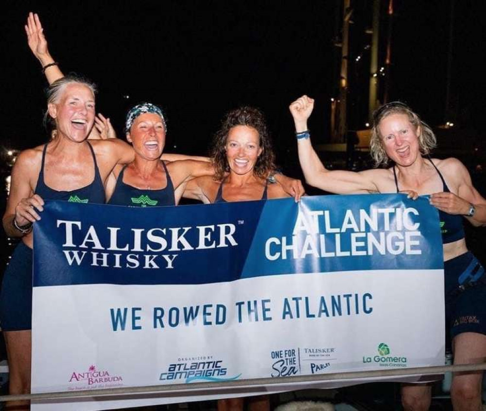 The Mothership celebrate completing their Atlantic row. Far left: Kingston Gramma alumna Jo Blackshaw