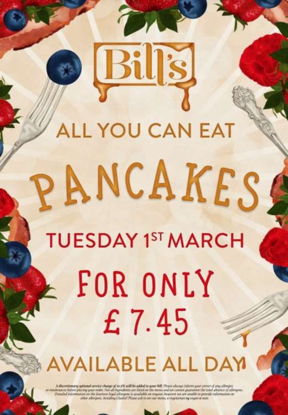 The offer applies to all Bill's restaurants for March 1 - Shrove Tuesday