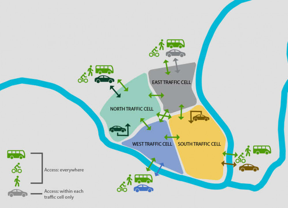 A map of the four cells proposed to remove through traffic from central Bath. B&NES Council. Permission for use by all partners. A map of the four cells proposed to remove through traffic from central Bath. B&NES Council. Permission for use by all partners.
