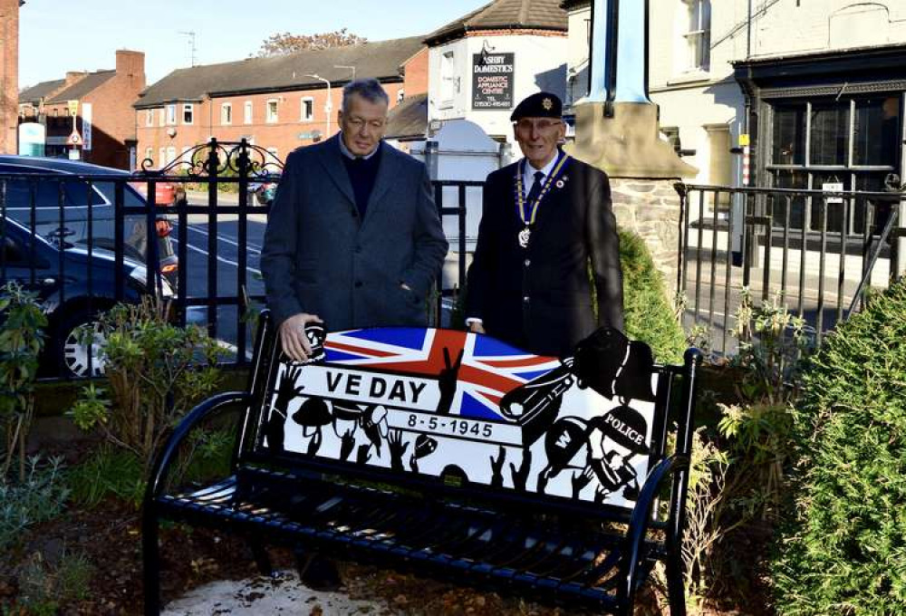 Cllr John Coxon, leader of Ashby de la Zouch Town Council, and Brian Senton of Ashby Royal British Legion with the new bench in the Memorial Gardens. Photo: Natalie Bone