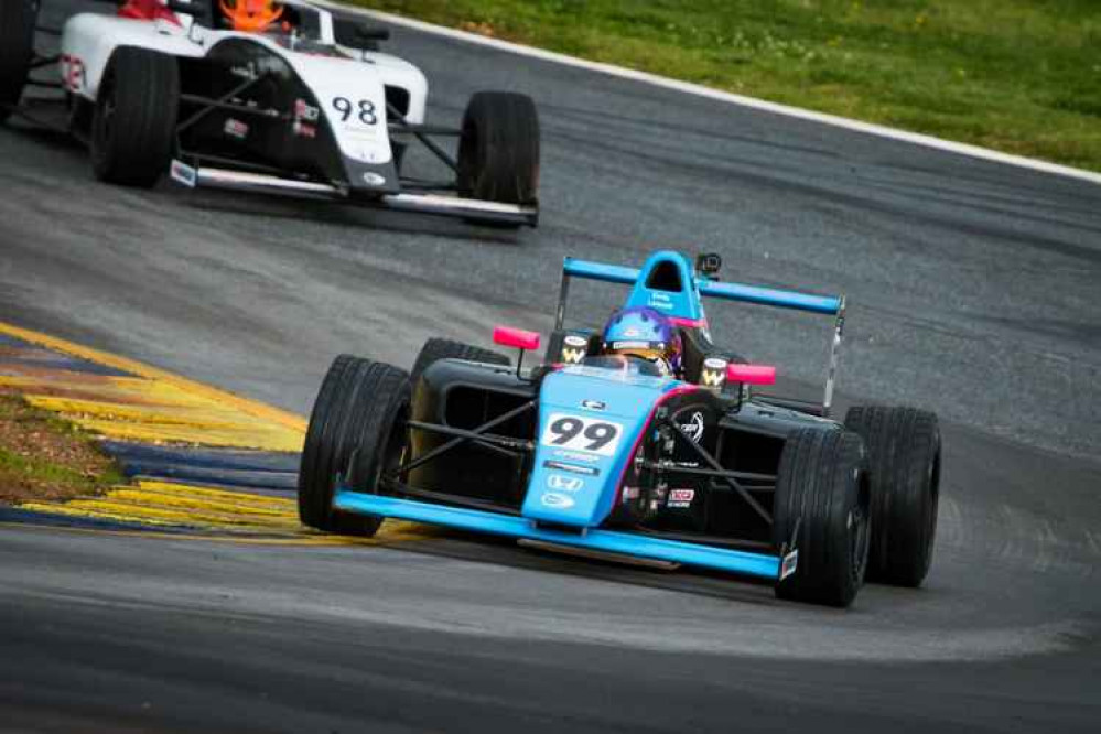 Emily in the wet at Road Atlanta. Picture by Amy Lentz Photography