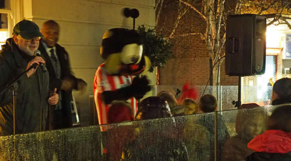 Martin Case of Brentford Voice with Marcus Gayle and Bees mascot Buzz. (Image: Eric Baker)