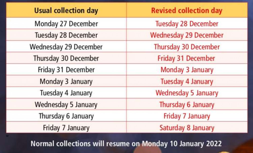 Rubbish and recycling collection day changes for Christmas.