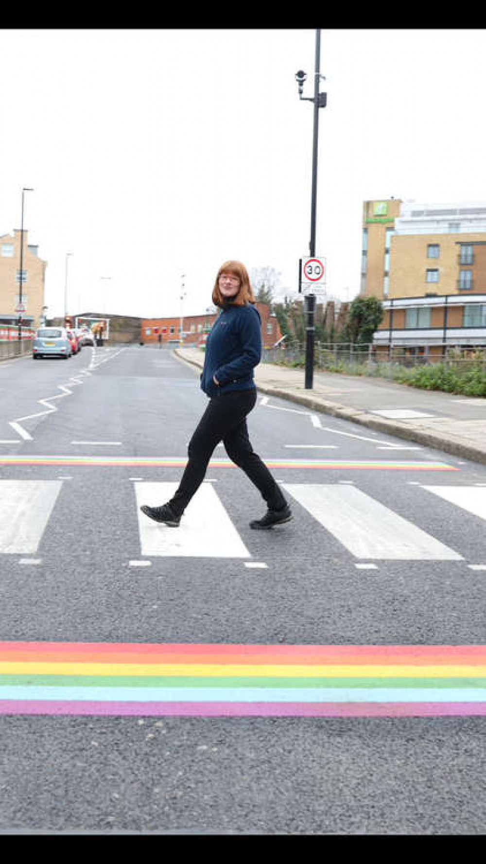 Councillor Katherine Dunne uses the rainbow crossing in Brentford.