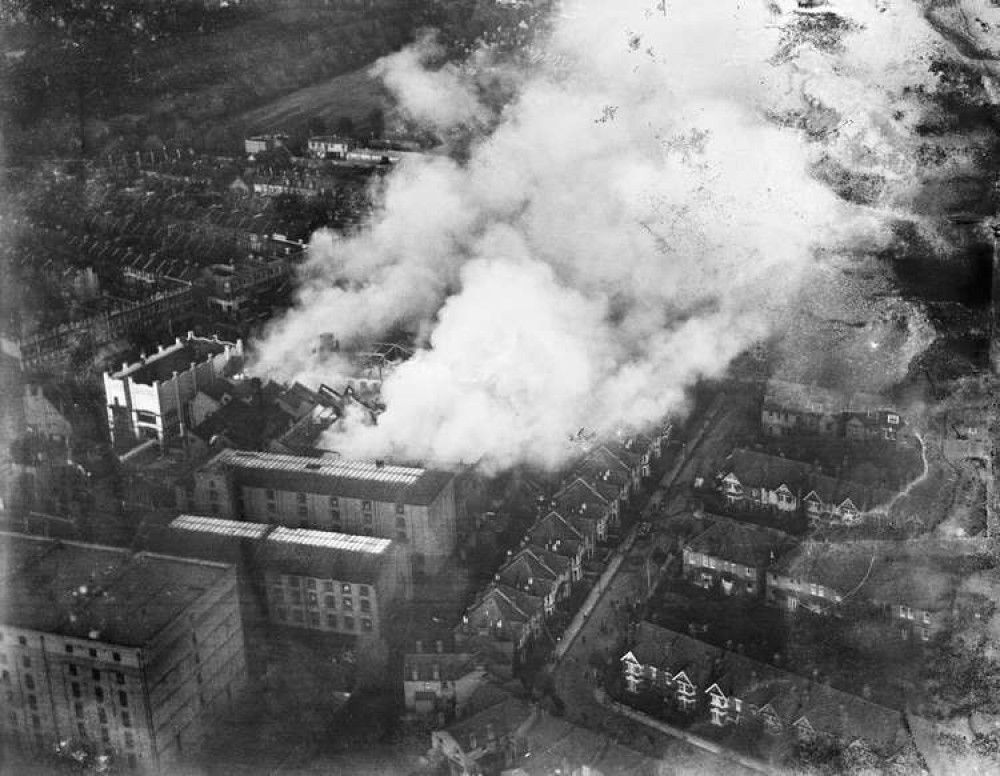 Fire engulfs the Sanderson Works, Chiswick in 1928.  (Image: Historic England Archive)