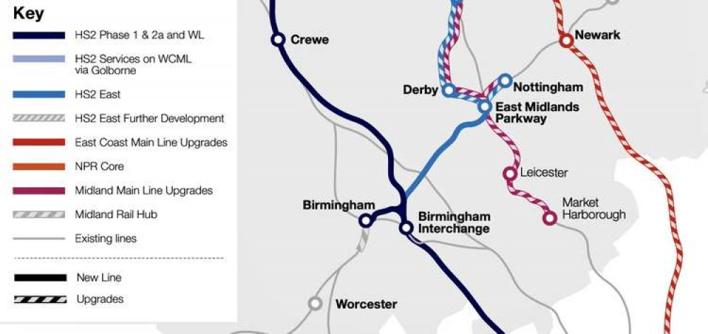 A map showing the HS2 scheme in the Midlands