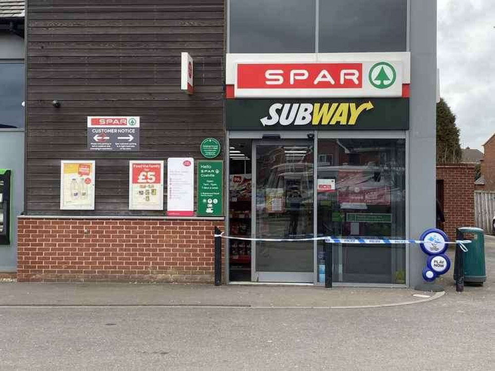 The Spar store in Coalville was taped off by police after last March's incident. Photo: Coalville Nub News