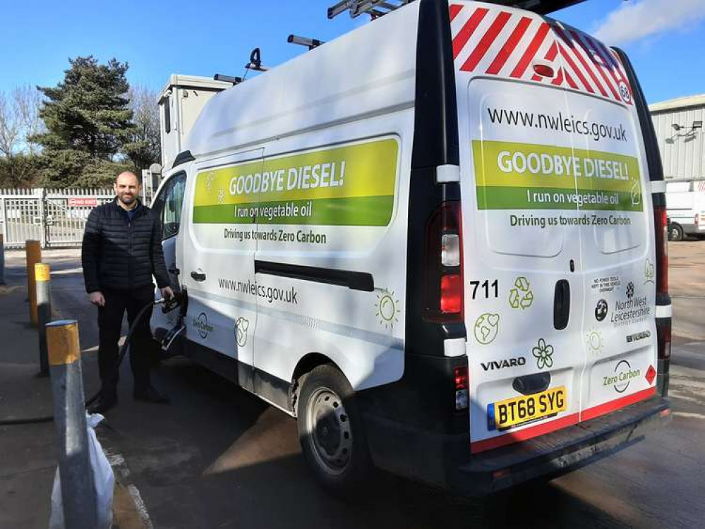 Goodbye diesel, Community Services Portfolio Holder Councillor Andrew Woodman fills up a housing maintenance van with HVO