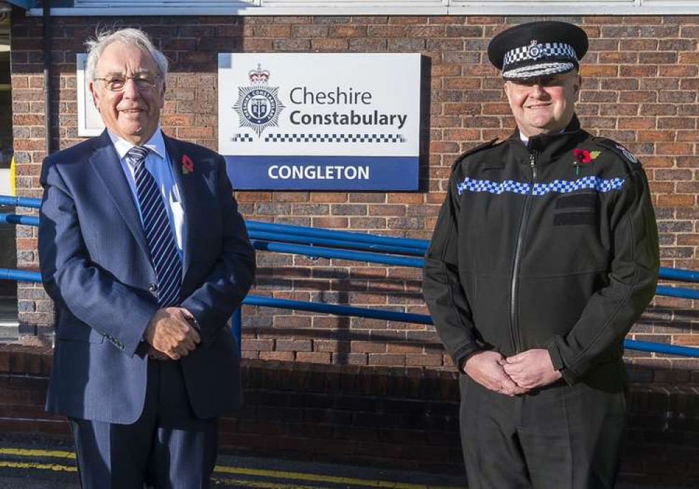 Chief Constable Mark Roberts (right) pictured outside Congleton Police Station on Market Square, with Cheshire's top police official John Dwyer (left). Chief Constable Mark Roberts (right) pictured outside Congleton Police Station on Market Square, with Cheshire's top police official John Dwyer (left).