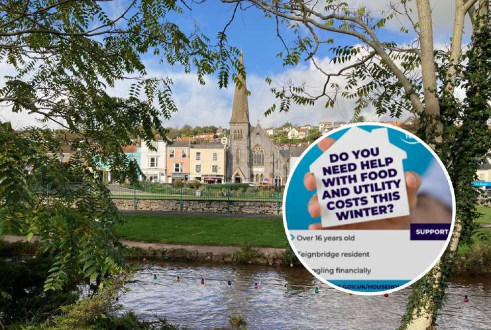 Looking over Dawlish Lawn towards the Strand (Nub News, Will Goddard). Inset: Household Support Fund infographic (Teignbridge District Council)