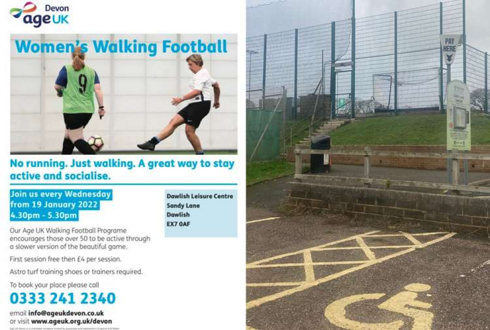 L: Age UK poster. R: AstroTurf pitch at Dawlish Leisure Centre L: Age UK poster. R: AstroTurf pitch at Dawlish Leisure Centre