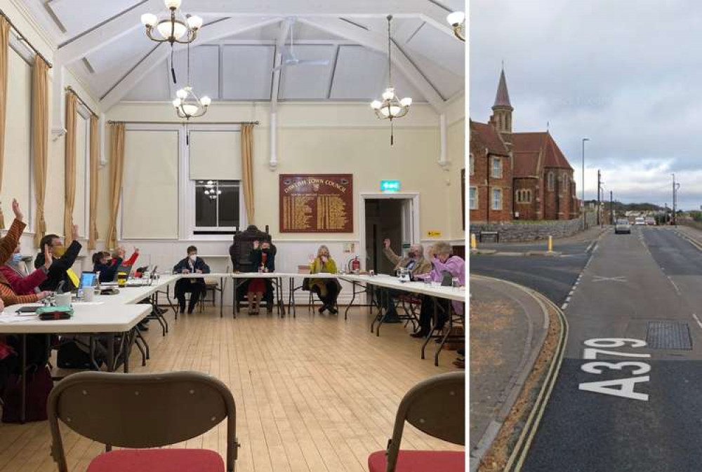 L: Dawlish Town Council meeting (Nub News, Will Goddard). R: Exeter Road at the junction with Elm Grove Road (Google Maps)