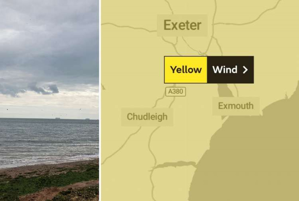 L: Dawlish town beach. R: Met Office weather warning