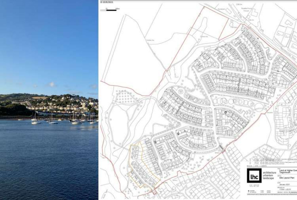 L: Looking towards Teignmouth (Nub News, Will Goddard). R: Higher Exeter Road site plan (Image: Planning documents)