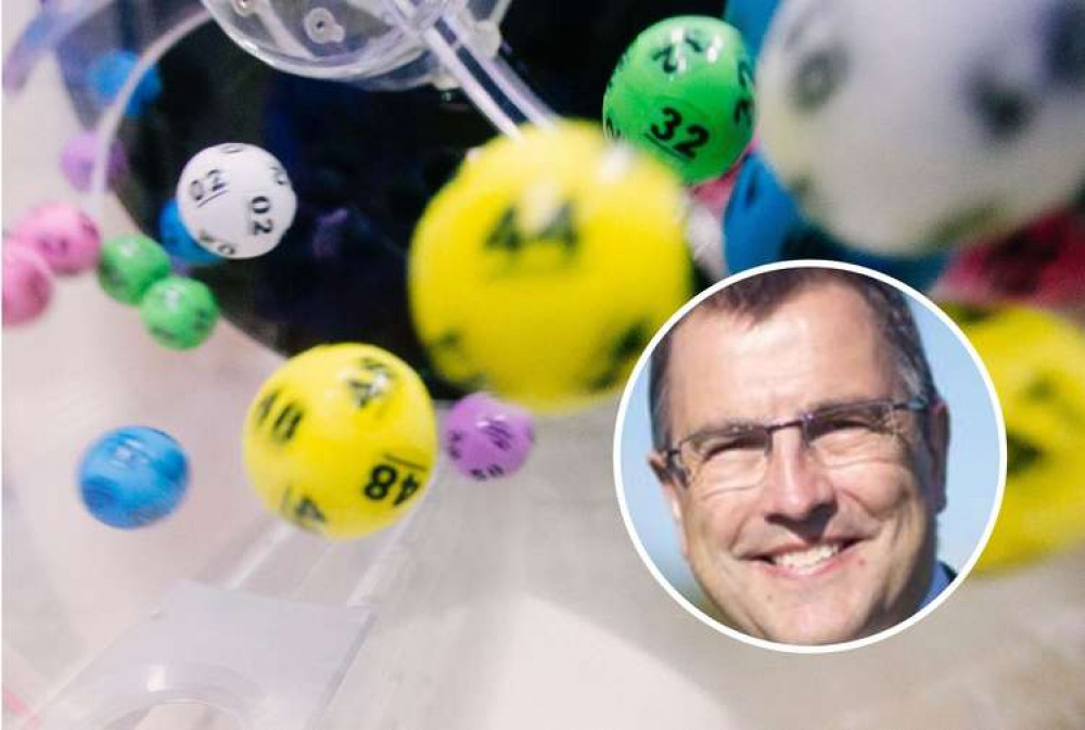 Lottery balls (Unsplash). Inset: Cllr Martin Wrigley (Teignbridge District Council)