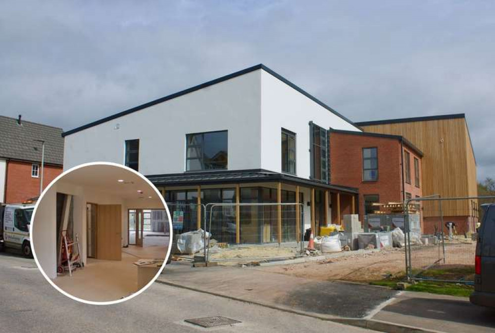 Hope Centre, Dawlish. Inset: Facing the entrance to the auditorium inside the building (Nub News, Will Goddard)