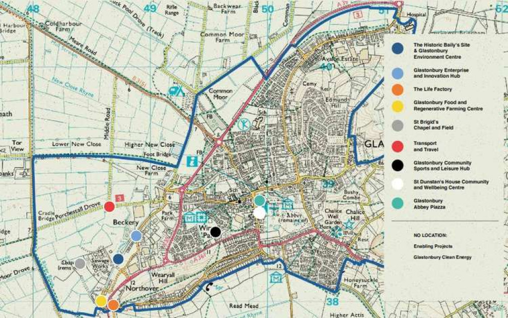 Map Showing The Location Of The Glastonbury Towns Fund Projects. CREDIT: Mendip District Council. Free to use for all BBC wire partners.