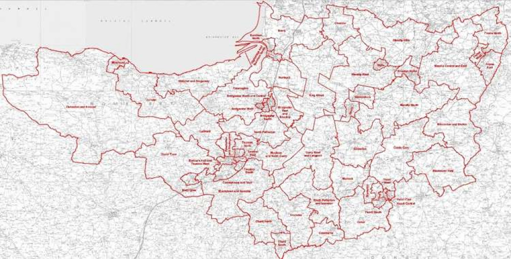 Option 3 For Proposed Electoral Map For New Somerset Unitary Council (110 Councillors In Multi Member Wards). CREDIT: Somerset County Council. Free to