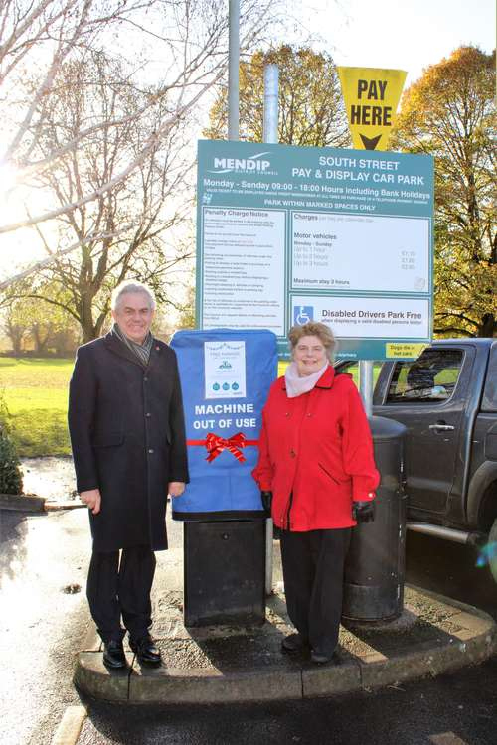 Free Festive Parking 2021 - Cllr Simon Carswell and Cllr Ros Wyke, Leader of Mendip District Council in South Street Car Park, Wells.