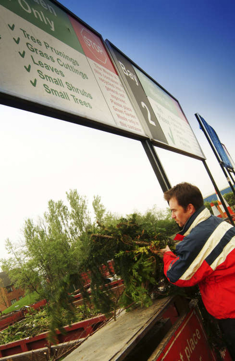 Man Recycling Christmas Tree At A Recycling Centre. CREDIT: Somerset Waste Partnership. Free to use for all BBC wire partners.