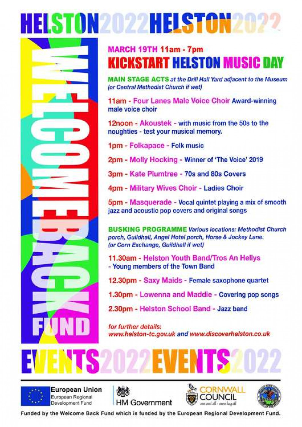 The full schedule for Helston Music Day.