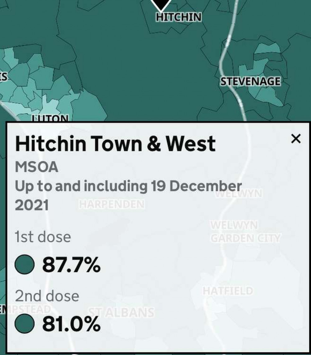 Hitchin: How many people have been vaccinated against Covid in our town and surrounding areas. PICTURE: The government map showing the percentage of people vaccinated in Hitchin.