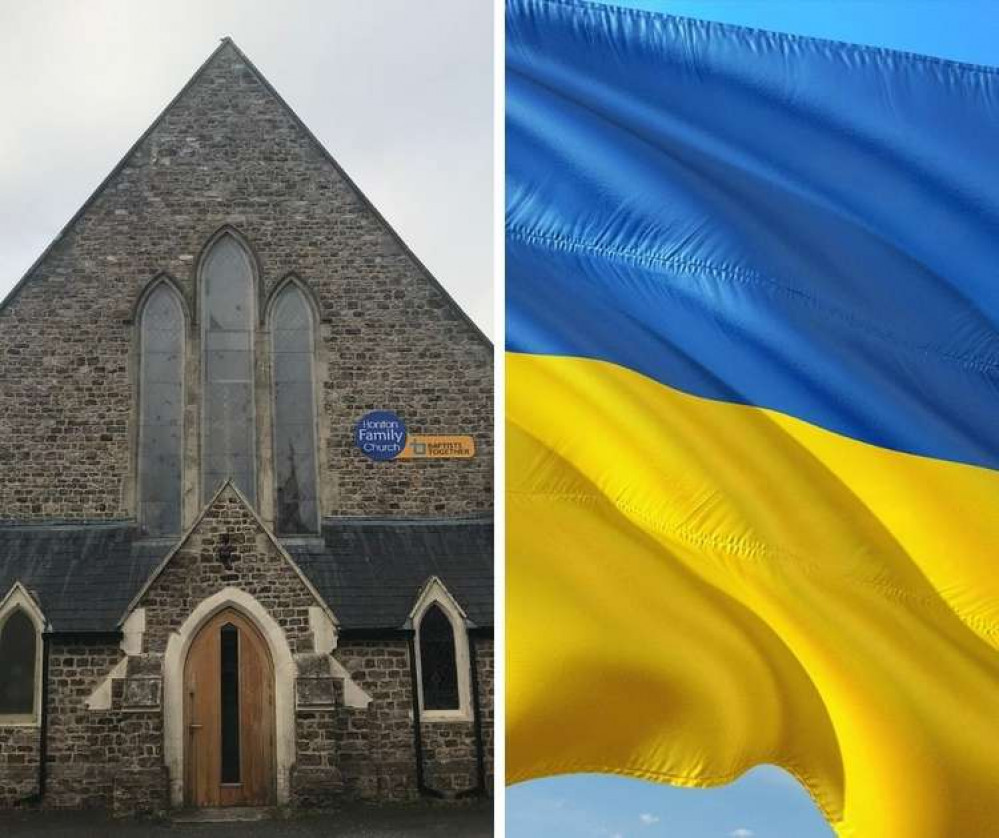 The collection will take place at the Honiton Family Church (L: Honiton Family Church R: Ukrainian flag)