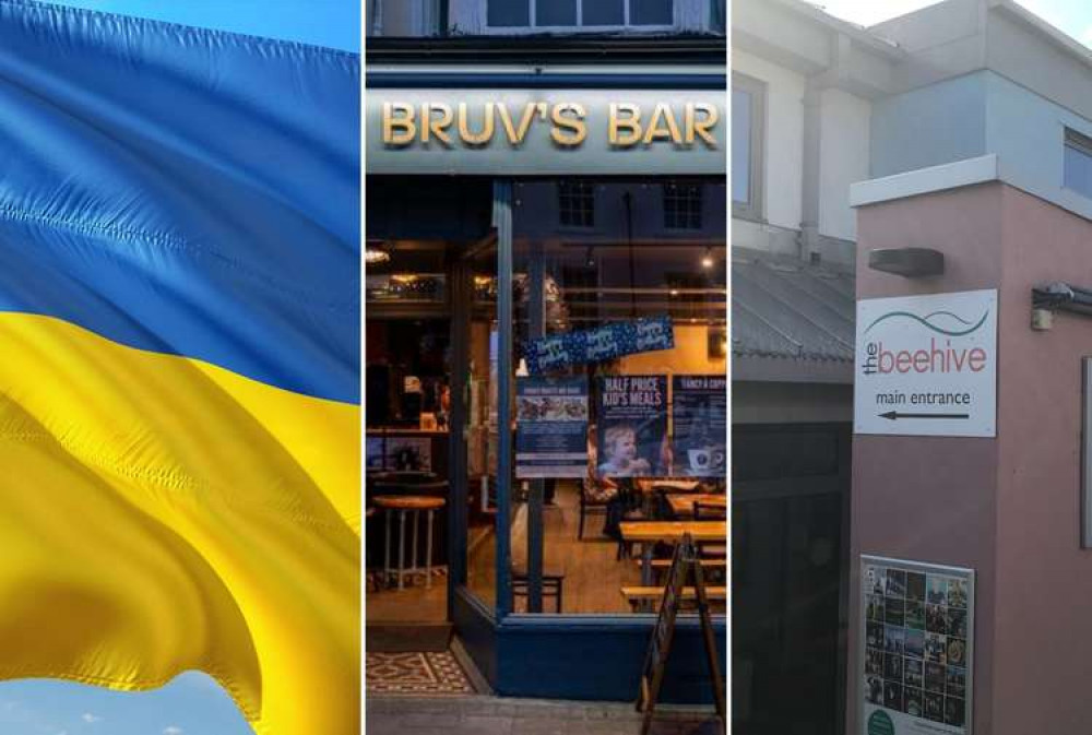 What's On in Honiton: L-R Come and make a donation for Ukraine, Bruv's Bar live music and Belfast at The Beehive