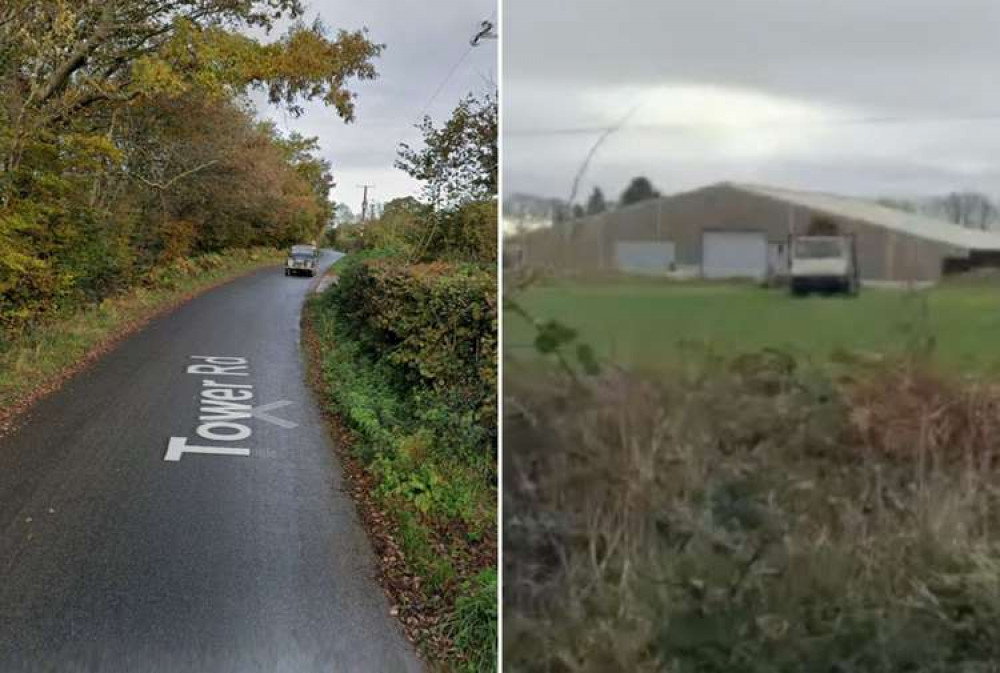 L: Tower Road near Honiton (Google Maps). R: The disused building on Tower Road will be used as a cattle collection market (EDDC)